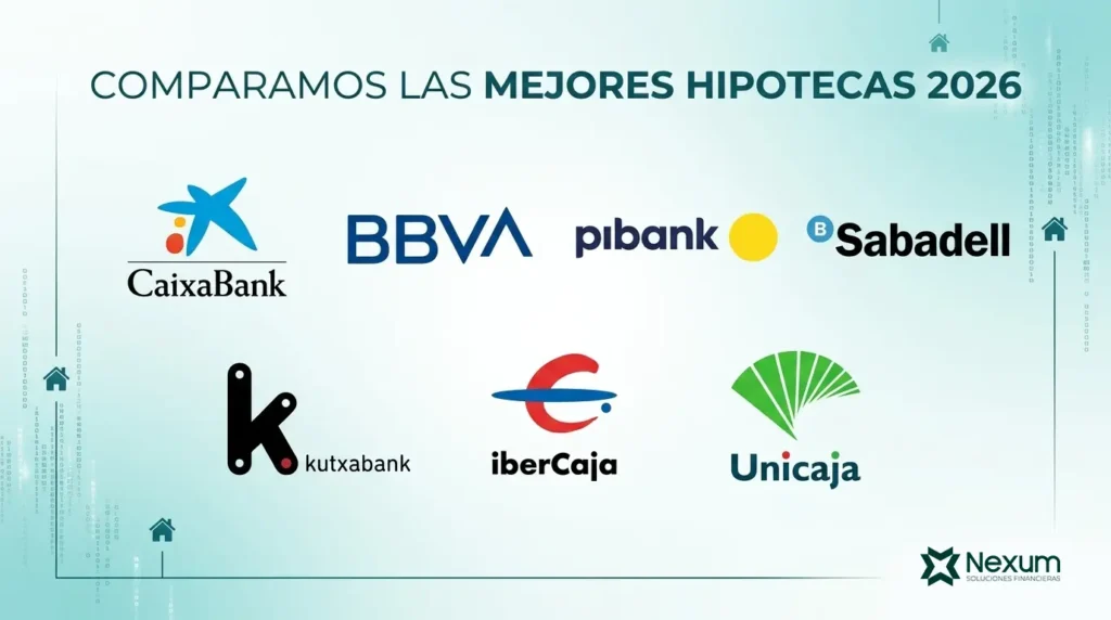 Comparativa de las mejores hipotecas de 2026 en España con los logotipos de CaixaBank, BBVA, Pibank, Sabadell, Kutxabank, Ibercaja y Unicaja analizados por Nexum Financiera