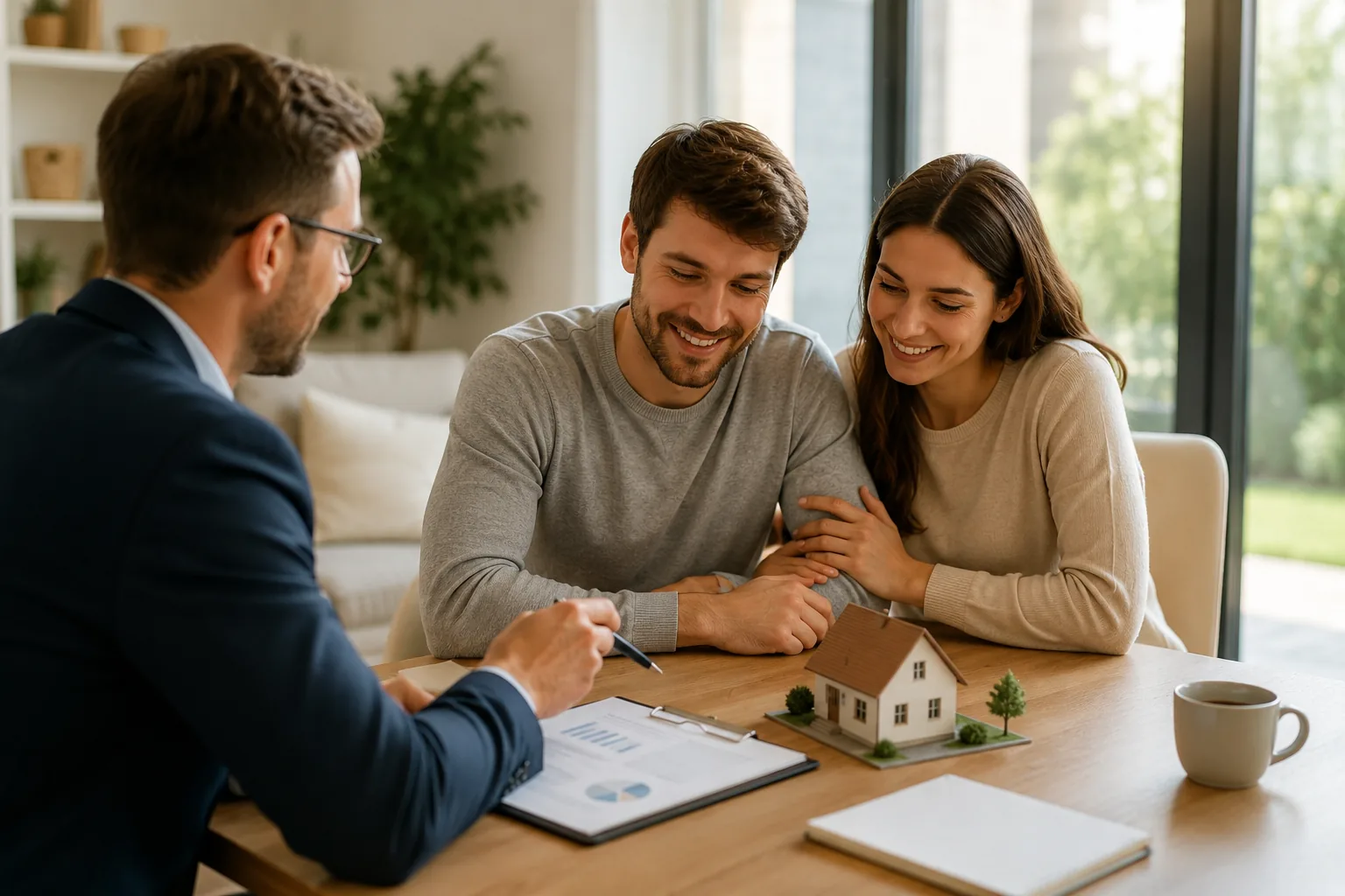 Asesor comparando hipotecas para jóvenes y opciones de financiación para comprar una vivienda